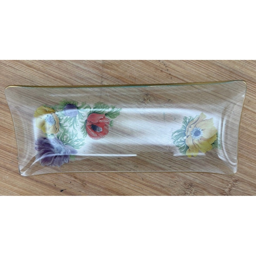 Pilkington Chance Glass Dish w/Tag Gold Rim Floral Hand Painted 8.5" Mid Century